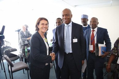 Senate President Bukola Saraki with Ms Laurence Dumont Deputee du Calvados, vice-president de l'assemblee national of France 