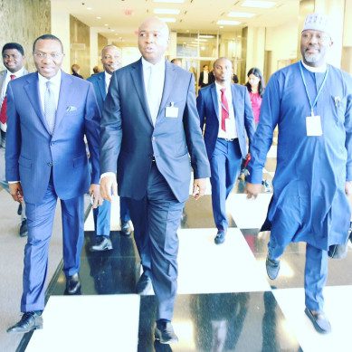 Senator Andy Uba, Senator Abubakar Bukola Saraki, Senator Dino Melaye on the way to the Bilateral meeting with France at the United Nations Head Quarters 