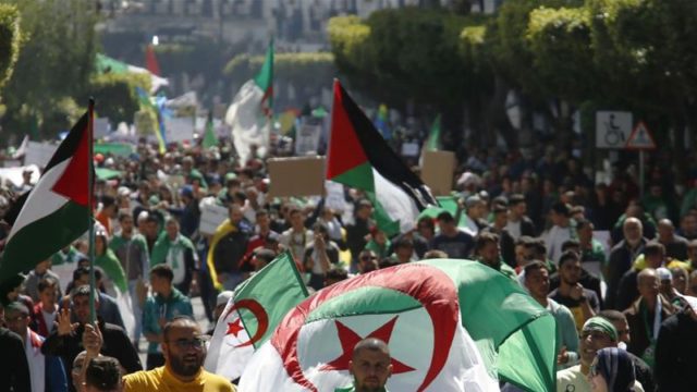 Algerian demonstrators march during a protest in Algiers on March 29, 2019 [File: Toufik Doudou/AP]