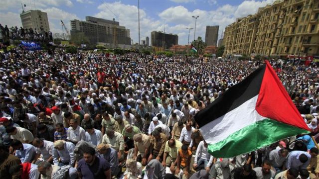 Egyptians hold Palestinian flags during Friday prayers at a rally calling for the end of the Israeli occupation on Palestine, in Tahrir square in Cairo on May 13, 2011 [AP/Khalil Hamra]
