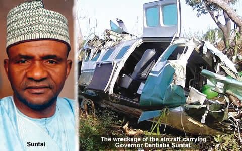 Gov Suntai and the wreckage of the aircraft