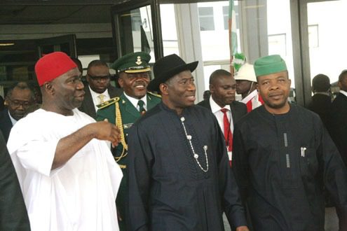 President Goodluck Jonathan with Deputy Senate President Sen. Ike Ekweremadu left and Deputy Speaker Emeka Ihedhioa right