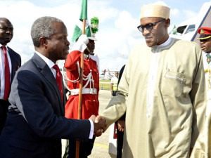 President Muhammadu Buhari being received by Vice President Yemi Osinbajo 300x225