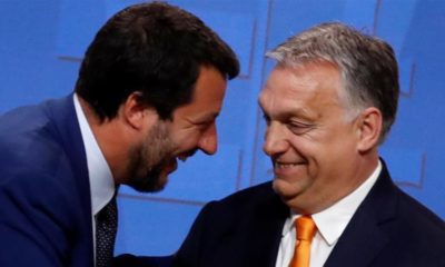 Italian Deputy Prime Minister Matteo Salvini smiles with Hungarian Prime Minister Viktor Orban during a joint news conference in Budapest Hungary