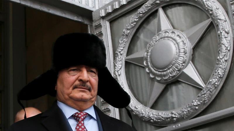Khalifa Haftar commander of the Libyan National Army LNA militia leaves after a meeting with Russian Foreign Minister Sergey Lavrov in Moscow