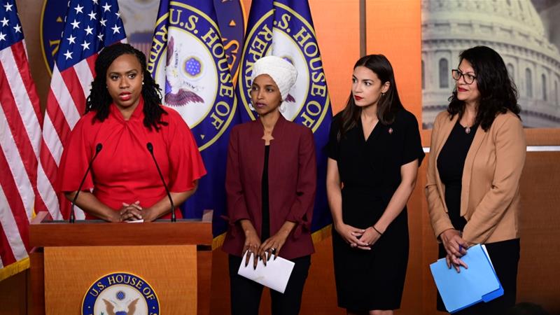 US Reps Ayanna Pressley Ilhan Omar Alexandria Ocasio Cortez and Rashida Tlaib hold a news conference following President Donald Trumps attacks on them