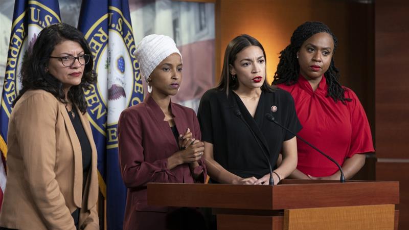 Congress women Rashida Tlaib Ilhan Omar Alexandria Ocasio Cortez and Ayanna Pressley respond to remarks by President Donald Trump at a press conference in Washington