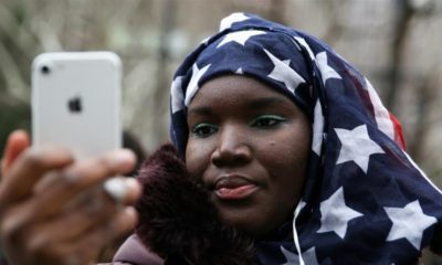 Muslim Senegalese American Fatou Goumbala takes part in a World Hijab Day rally held in front of New York City Hall in Manhattan, New York, US, February 1, 2018 [Amr Alfiky/Reuters]