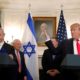 US President Donald Trump gestures as he and Israels Prime Minister Benjamin Netanyahu