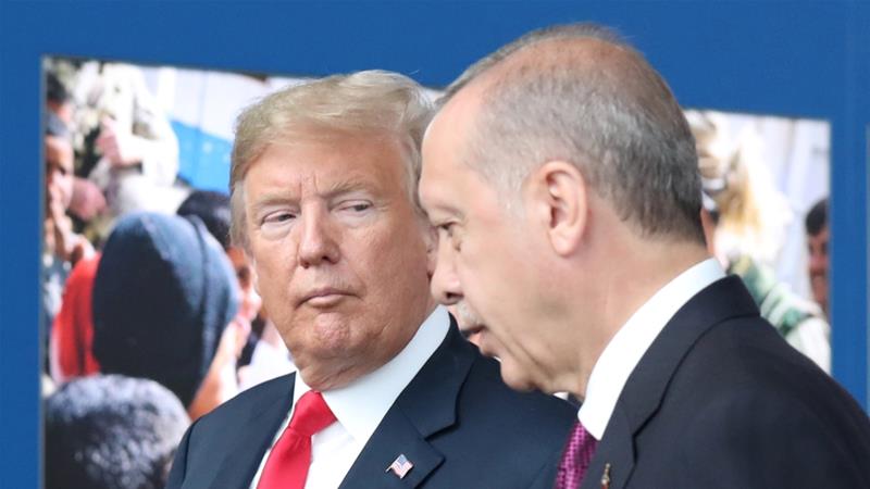 US President Donald Trump talks to Turkey’s President Recep Tayyip Erdogan at NATO headquarters in Brussels, Belgium, 11 July 2018 [Reuters]