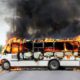 A burning bus is pictured during clashes between cartel gunmen and federal forces following the detention of Ovidio Guzman in Culiacan Sinaloa state Mexico