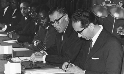 European politicians Emilio Colombo and Eugene Schaus Togos trade minister Jean Agbemegnan and others at the signing of the Youande Convention on July 20 1963