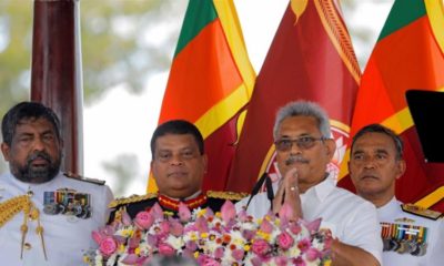 Sri Lankas President Gotabaya Rajapaksa gestures while addressing the nation at the presidential swearing in ceremony in Anuradhapura on November 18