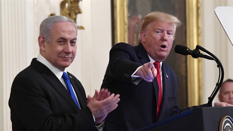 US President Donald Trump speaks during an event with Israeli Prime Minister Benjamin Netanyahu in the East Room of the White House in Washington on January 28 2020