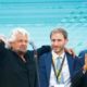 Co founder Beppe Grillo Davide Casaleggio son of co founder Gianroberto Casaleggio and Italian Deputy PM Luigi Di seen at a Five Star Movement party rally in October 2018