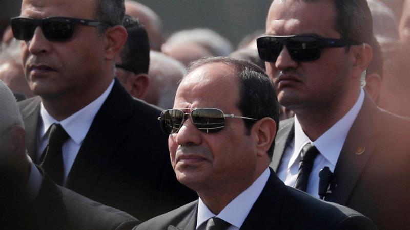 Egyptian President Abdel Fattah el Sisi attends the funeral of former President Hosni Mubarak east of Cairo on February 26 2020