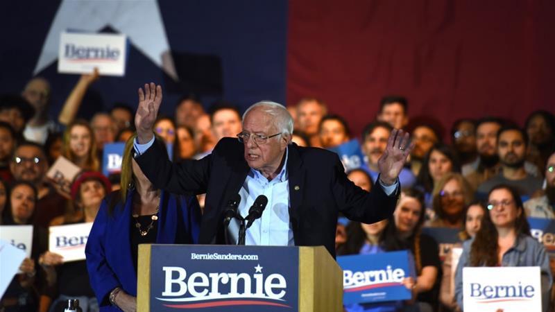 US Democratic presidential candidate Senator Bernie Sanders celebrates winning the Nevada Caucus during which he called the leaders of Saudi Arabia murderous thugs