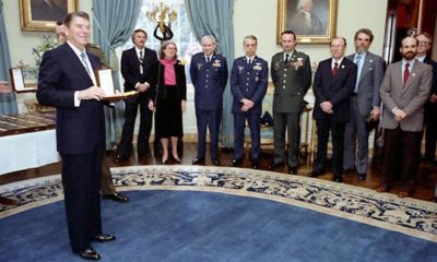 US President Ronald Reagan during a White House Ceremony and Reception for hostages freed by Iran at the White House in Washington DC US January 27 1981