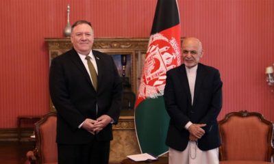 Afghanistans President Ashraf Ghani R and U.S. Secretary of State Mike Pompeo pose for a photo during their meeting in Kabul Afghanistan on March 23 2020