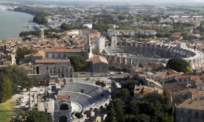 Arial view of city in France
