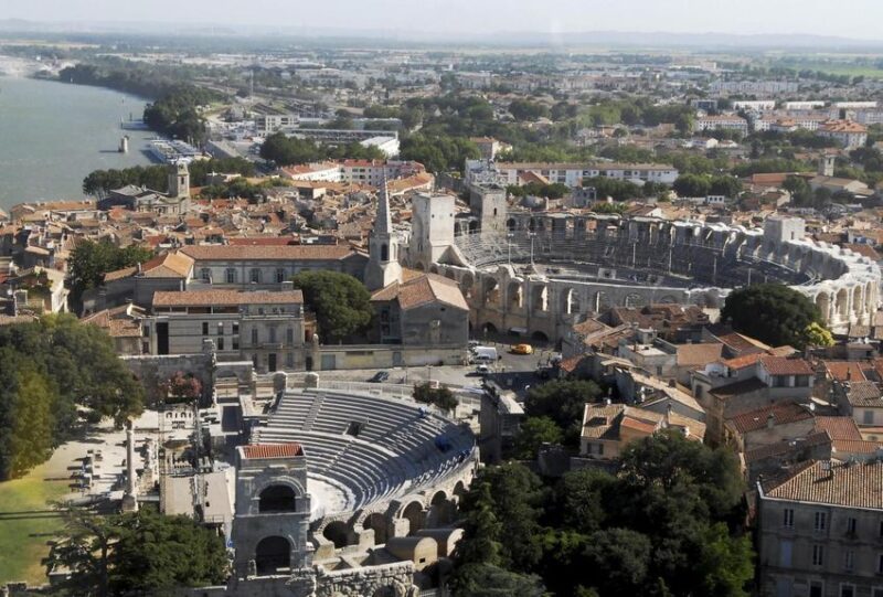 Arial view of city in France