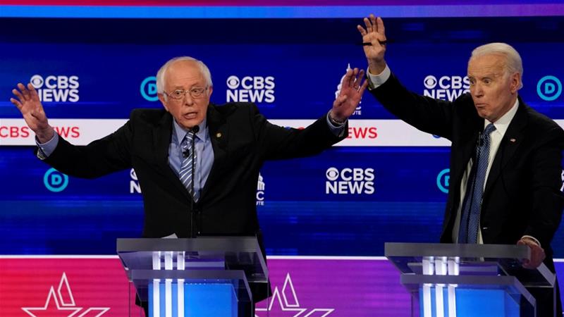 Democratic presidential candidates Senator Bernie Sanders and former Vice President Joe Biden debate at the Gaillard Center in South Carolina on February 25 2020