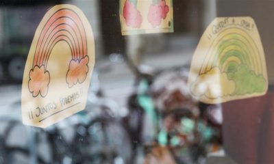 Paintings reading Together We Can are seen at an elderly home in Barcelona Spain as the outbreak of COVID 19 continues