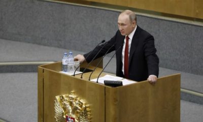 Russian President Vladimir Putin speaks during a session prior to voting for constitutional amendments at the State Duma on March 10 2020