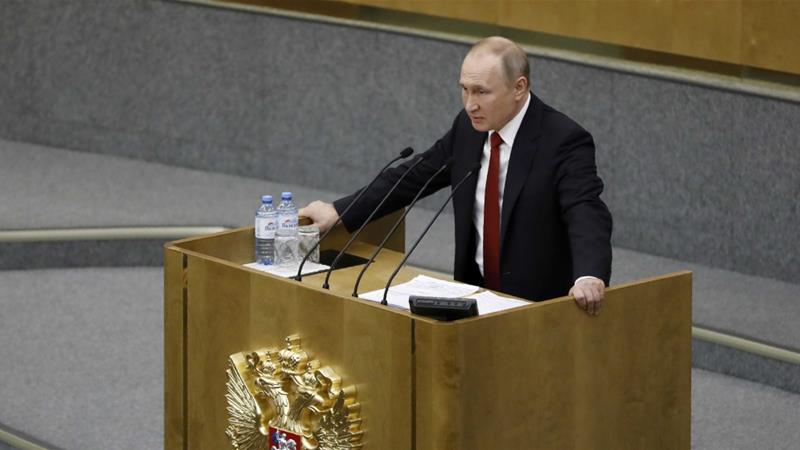 Russian President Vladimir Putin speaks during a session prior to voting for constitutional amendments at the State Duma on March 10 2020