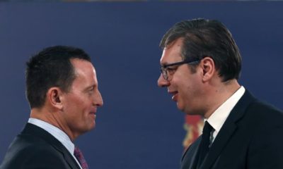 US President Trumps envoy for the Kosovo Serbia dialogue Richard Grenell speaks with Serbias President Aleksandar Vucic in Belgrade Serbia Friday Jan. 24 2020