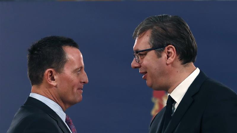US President Trumps envoy for the Kosovo Serbia dialogue Richard Grenell speaks with Serbias President Aleksandar Vucic in Belgrade Serbia Friday Jan. 24 2020
