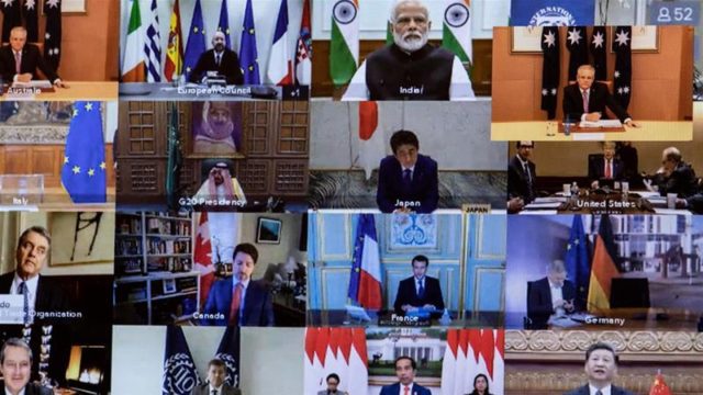 A view of members taking part on screen during an unusual G20 Leaders Summit to discuss the international COVID 19 crisis on March 26 2020 in Canberra Australia