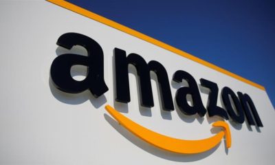 The logo of Amazon is seen at the company logistics center in Lauwin Planque northern France April 22 2020