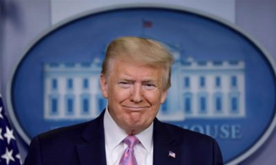 US President Donald Trump reacts during the coronavirus response daily briefing at the White House in Washington DC on April 10 2020