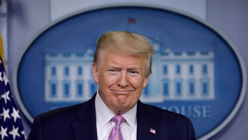 US President Donald Trump reacts during the coronavirus response daily briefing at the White House in Washington DC on April 10 2020