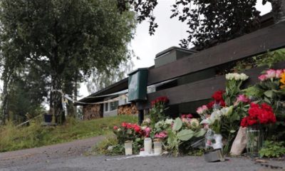 Flowers dedicated to the late step sister of Philip Manshaus who killed her and attacked al Noor mosque are seen outside their house in Baerum Norway on August 12 2019