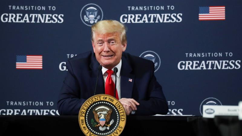 US President Donald Trump reacts as he holds a listening session with members of the local African American business community in Ypsilanti Michigan US on May 21 2020