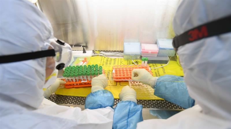 Workers in protective suits examine specimens inside a laboratory following an outbreak of the novel coronavirus in Wuhan China on February 6 2020