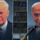 A labourer stands on a crane as he puts up banners depicting US President Donald Trump and Israeli Prime Minister Benjamin Netanyahu in Jerusalem on June 10 2020
