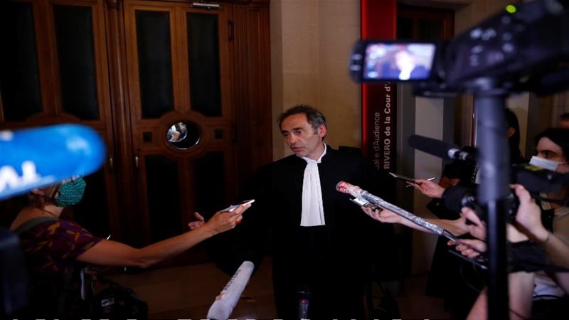 French lawyer Laurent Bayon who defends Rwandan genocide suspect Felicien Kabuga talks to journalists after the initial extradition hearing in Paris on May 20 2020