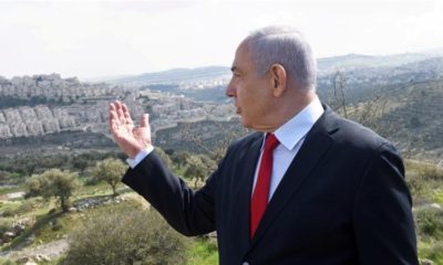 Israeli Prime Minister Benjamin Netanyahu delivers a statement overlooking the Israeli settlement of Har Homa in Israeli occupied West Bank on February 20 2020