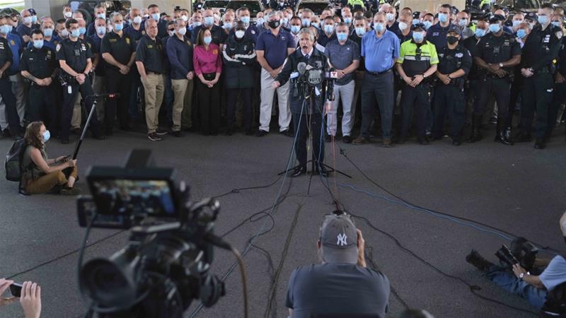 New York City police union head Pat Lynch speaks during a news conference surrounded by police officers in New York on June 9 2020