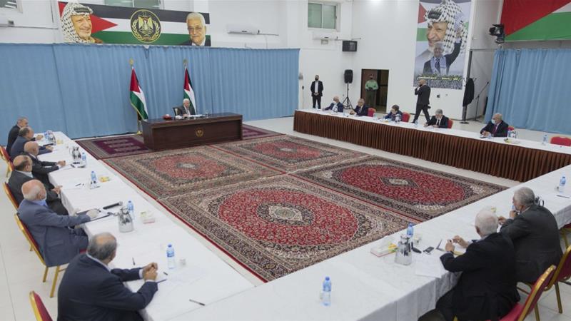 Palestinian President Mahmoud Abbas heads a meeting at his headquarters in the West Bank city of Ramallah on May 7 2020