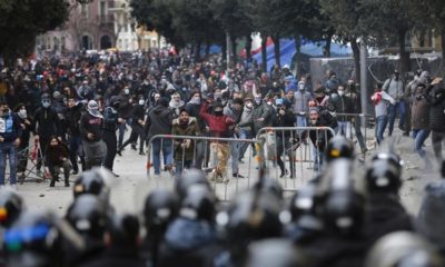Anti government protesters clash with riot police in downtown Beirut Lebanon on February 11 2020