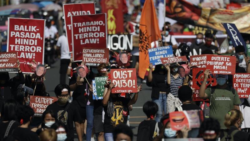 Hundreds of protesters in the Philippine capital march against the new anti terror law 27 July 2020 Manila Philippines