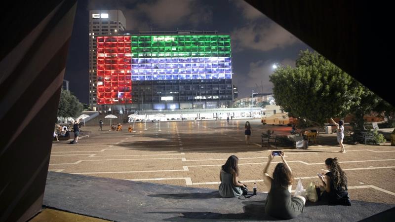 Tel Aviv City Hall is lit up in the colours of the UAE flag following the Gulf countrys decision to establish full diplomatic ties with Israel Tel Aviv Israel Aug 13 2020