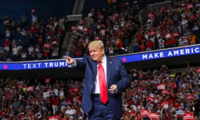 US President Donald Trump points at the crowd during a re election campaign at the BOK Center in Tulsa Oklahoma US on June 20 2020