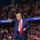 US President Donald Trump points at the crowd during a re election campaign at the BOK Center in Tulsa Oklahoma US on June 20 2020