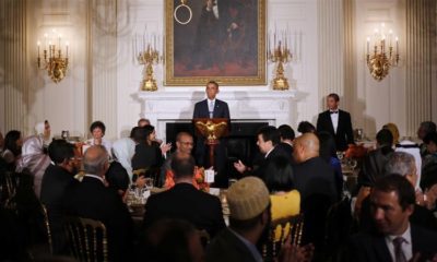 President Barack Obama speaks as he hosts an Iftar dinner during the Muslim holy month of Ramadan in the State Dining Room at the White House in Washington on July 14 2014