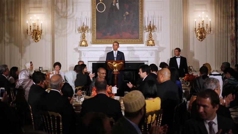 President Barack Obama speaks as he hosts an Iftar dinner during the Muslim holy month of Ramadan in the State Dining Room at the White House in Washington on July 14 2014